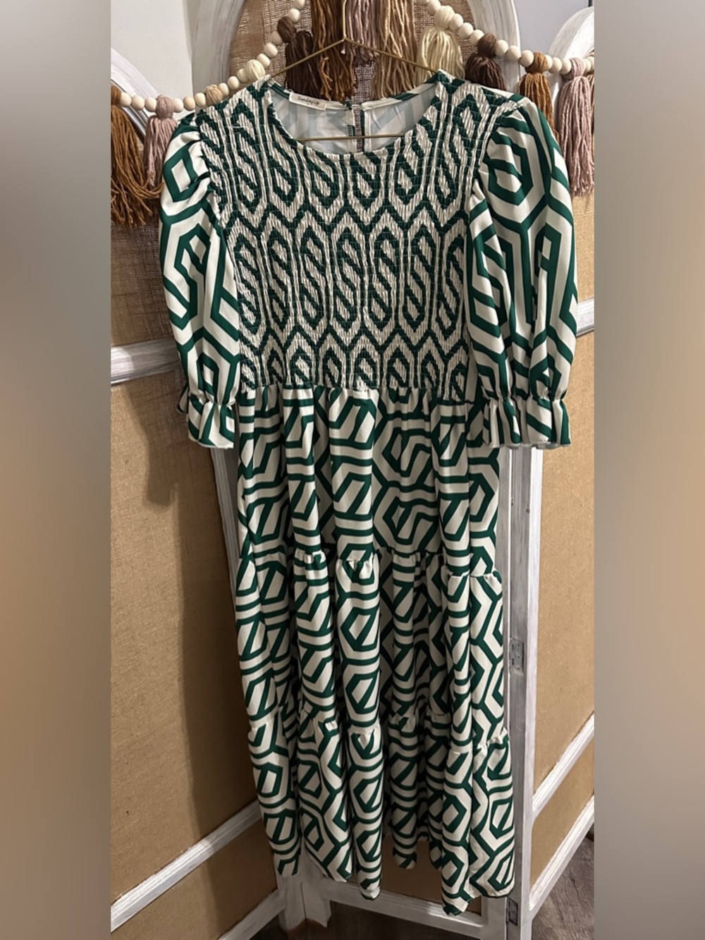 Sunday Green and Cream Geometric Midi Dress